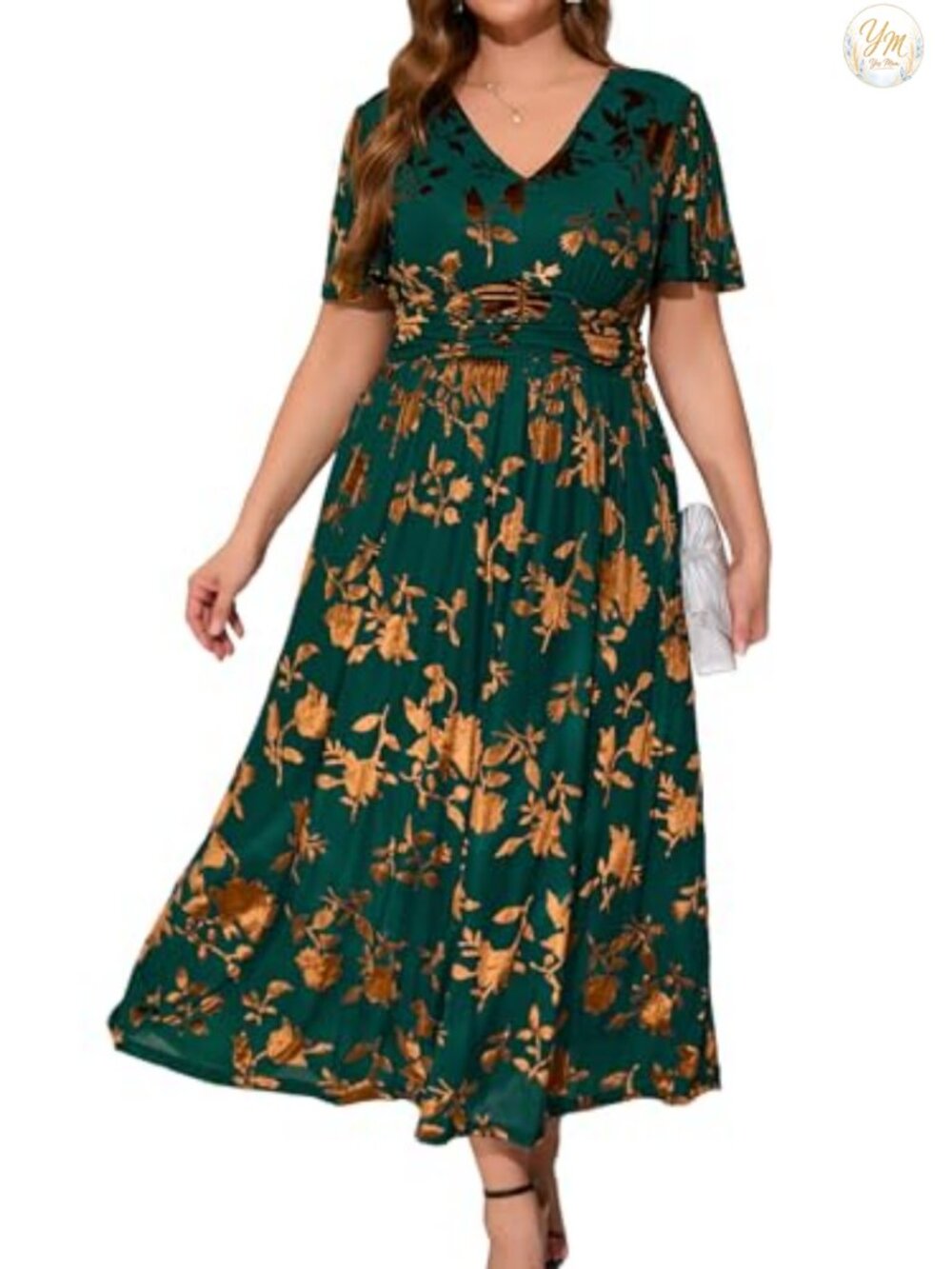 V Neck Velvet Maxi Dress Short Sleeve Empire Waist Formal Wedding Guest